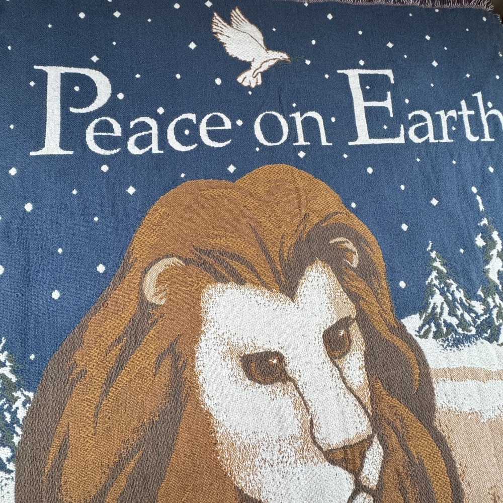 Peace on Earth Woven Tapestry Throw Blanket Lion Lamb Dove 70x47 Blue Vintage - Picture 5 of 8